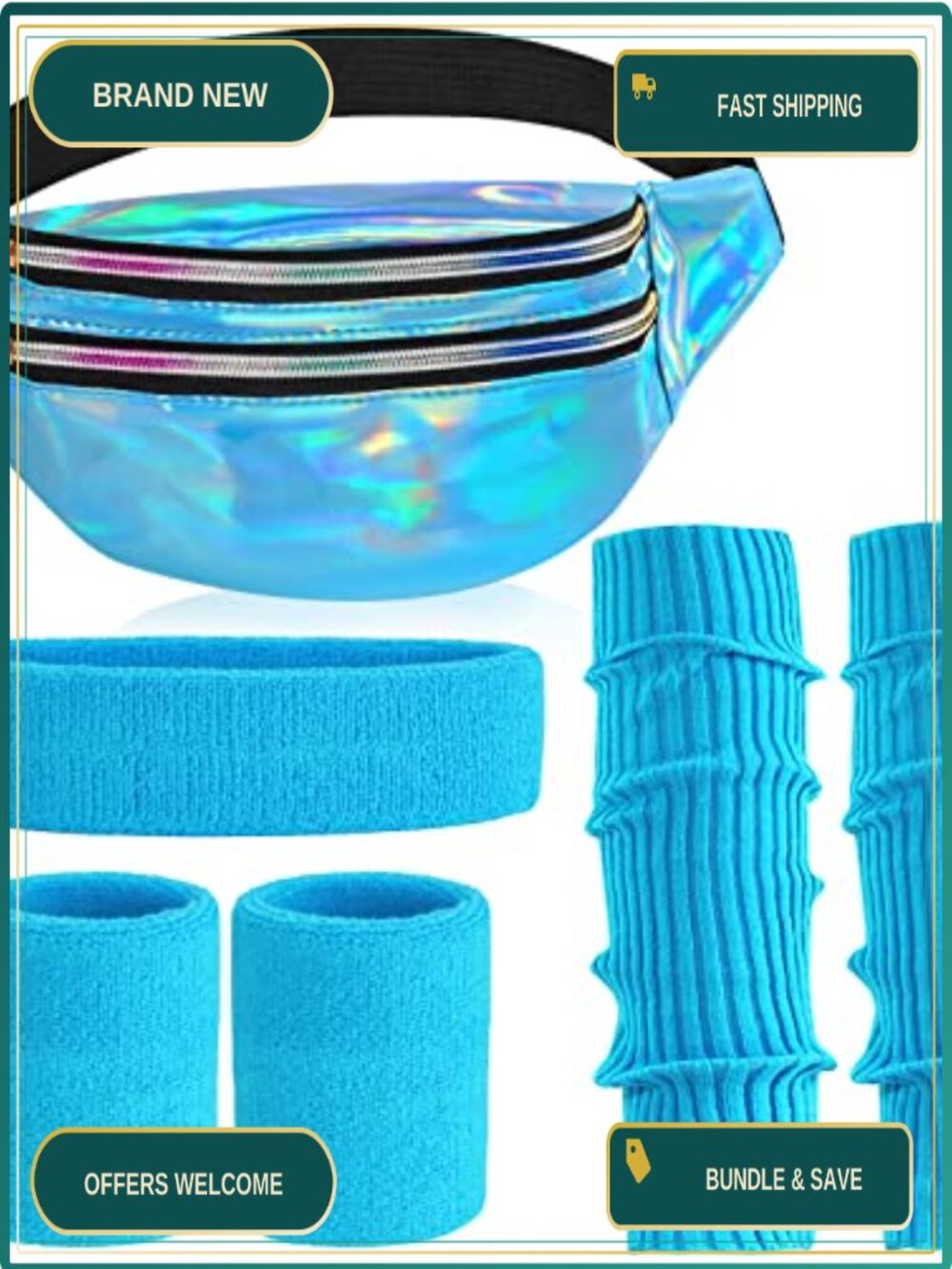 80s Costume Set Knit Leg Warmers Neon Headband Wristbands Holographic Fanny Pack
